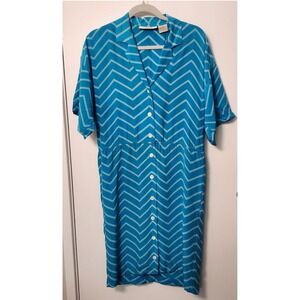 Liz Claiborne Vtg 100% Sz 4 Zig Zag Stripe Blue White Short Sleeve Button Front